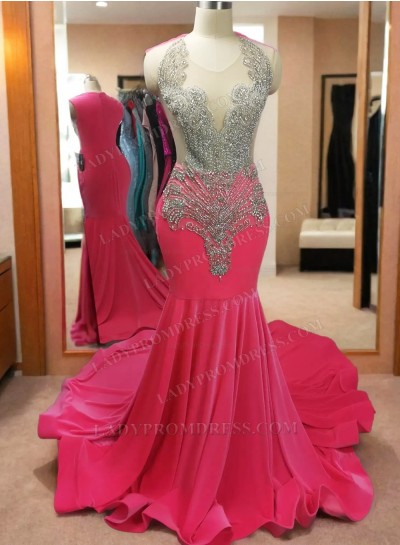 2024 Hot Pink Beaded Mermaid One Shoulder Long Prom Dresses