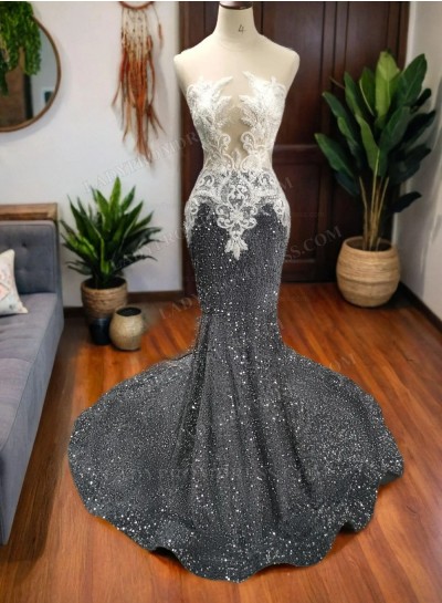 Silver Sequins Beaded Mermaid Prom Dresses 2024