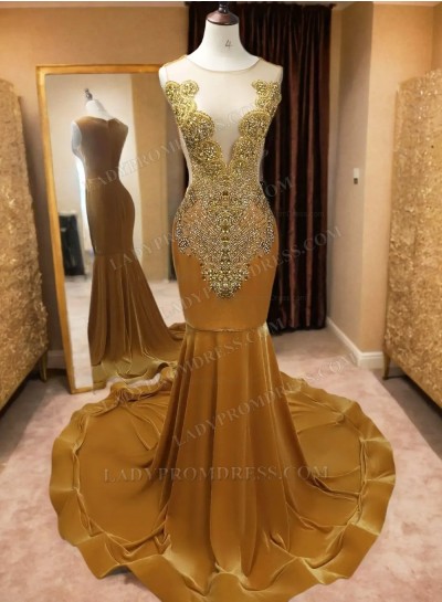 Mermaid Velvet Gold Beaded Long Prom Dresses 2024