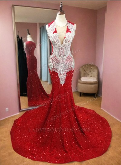 Red Beaded Sheath Sequence Long Prom Dresses 2024
