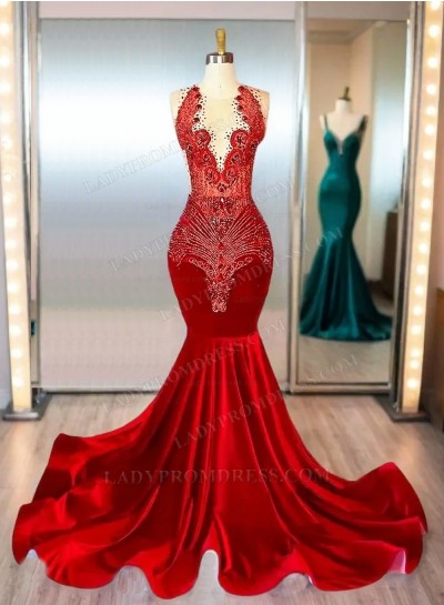 2024 Red Sparkly Beaded Mermaid Black GirlVelvet Prom Dresses