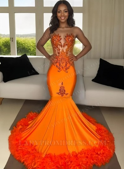 2025 Orange Beaded Mermaid Prom Dresses with Feathers