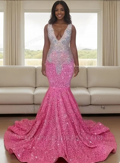 2025 V-neck Hot Pink Sequins Mermaid Prom Dresses with Beaded