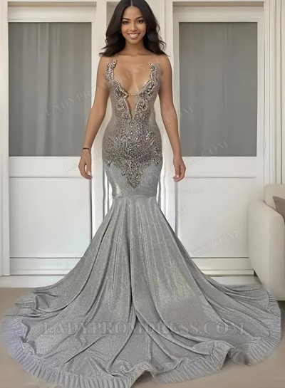 2025 Silver V-neck Mermaid Prom Dresses with Beaded