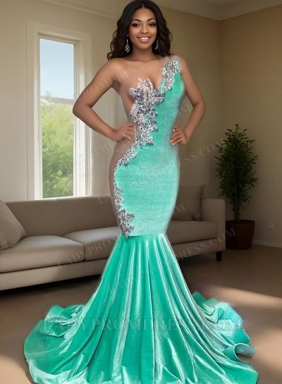 2025 Turquoise Velvet One Shoulder Mermaid Prom Dresses with Beaded