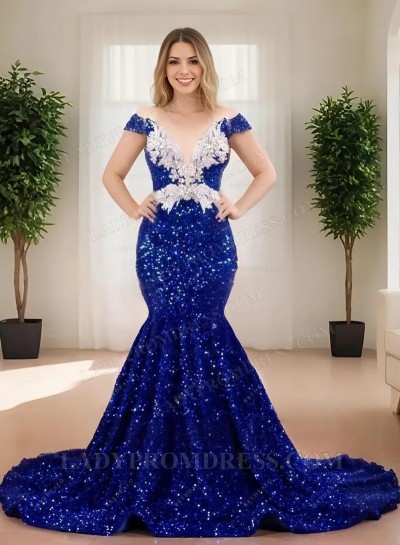 2025 Royal Blue Off the Shoulder Sequins Mermaid Prom Dresses with Appliques