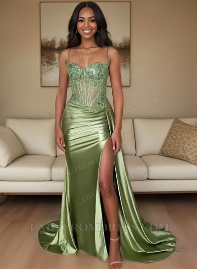 2025 Spaghetti Straps Satin A-line Prom Dresses with Side Slit