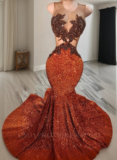 2025 Sequence Mermaid Round Neck Orange Beaded Long Prom Dresses
