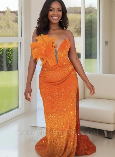 Sheath Sequence Orange Sweetheart Side Slit Long Prom Dresses With Feathers 2025