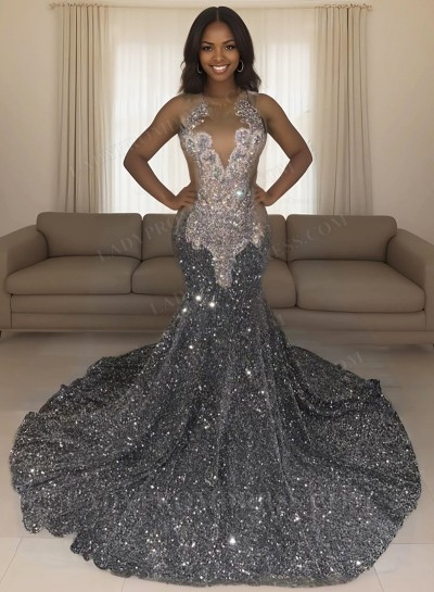 2025 Grey Sequence Mermaid Halter Beaded Long Prom Dresses