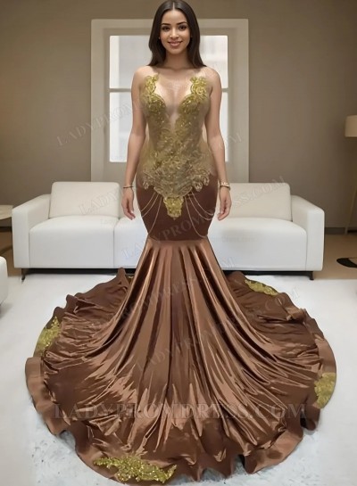 2025 V-neck Brown Mermaid Prom Dresses with Beaded