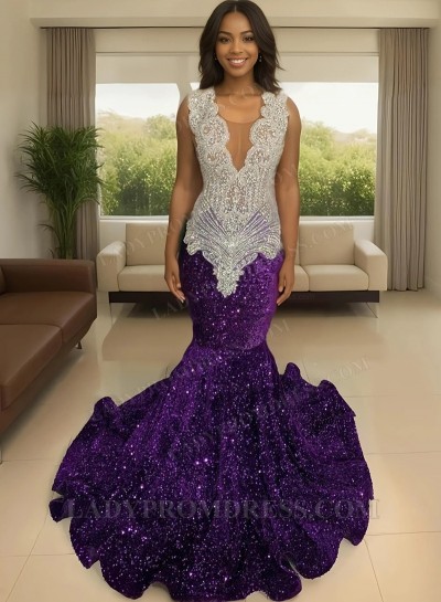 2025 Grape V-neck Sequins Mermaid Prom Dresses with Beaded
