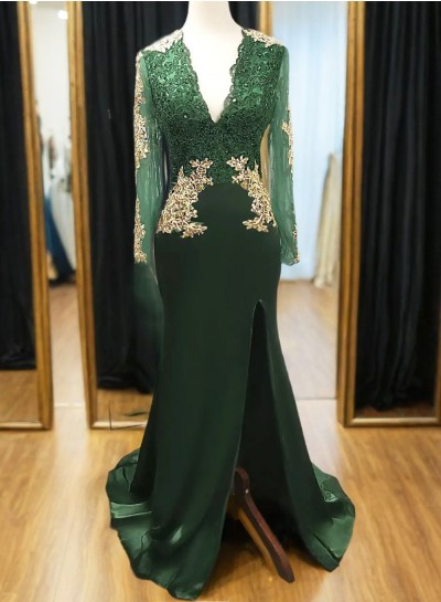 2024 Hunter Green Mermaid/Trumpet V Neck Long Sleeve Backless Applique Beaded Split-Front Prom Dresses