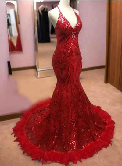 Mermaid V Neck 2024 Sequence Long Feathers Red Prom Dresses