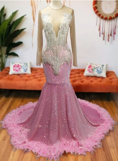 Pink Long Sleeves Mermaid Beading African American Long 2024 Prom Dresses