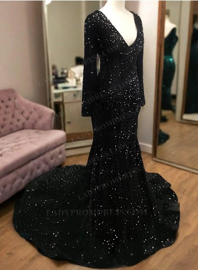 2024 Mermaid Long Sleeves Black Prom Dress