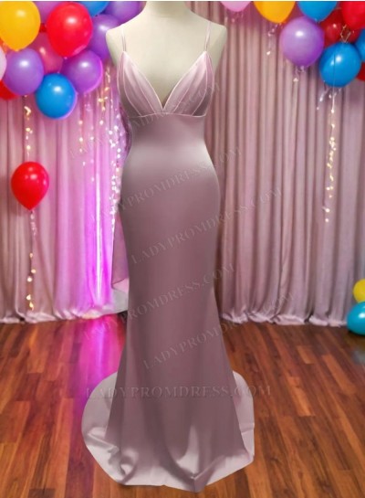 Spaghetti Straps Pink Deep V Neck Sheath Backless Prom Dresses 2024