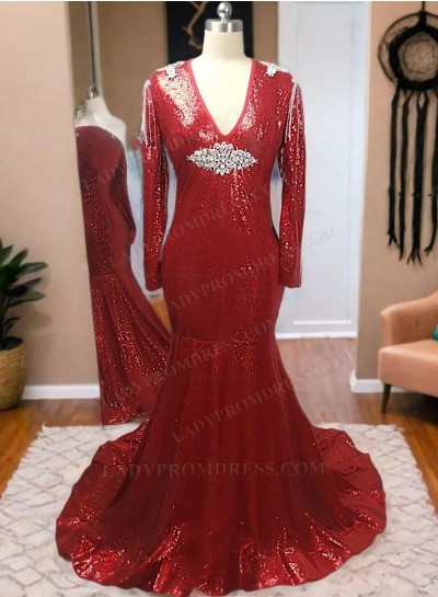 Red Mermaid Open Front Sequence Plus Size Long Prom Dresses 2024
