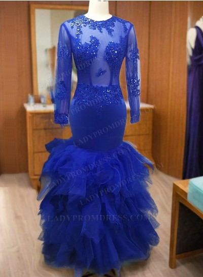 2024 Royal Blue Long Sleeve Mermaid Prom Dresses