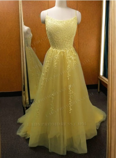 A Line Light Yellow Tulle Lace Up Back Halter Long 2024 Prom Dresses
