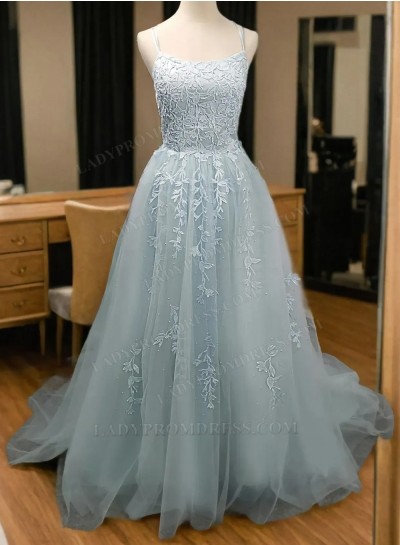A Line Light Sky Blue With Lace Patterns Halter Lace Up Long Prom Dresses 2024