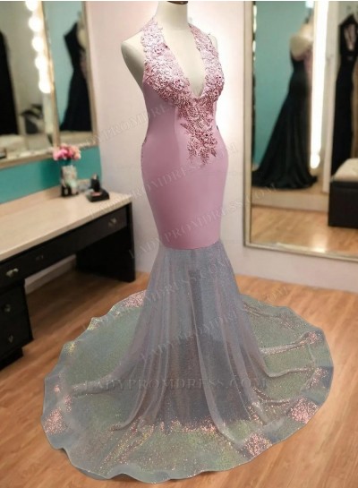 Halter Mermaid Pink Prom Dresses 2024