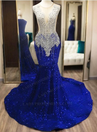 Long Royal Blue Sequence Prom Dresses With Beaded 2024 Prom Dresses
