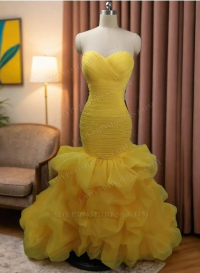 Sweetheart Sleeveless Natural Sweep Train Yellow Mermaid/Trumpet Prom Dresses