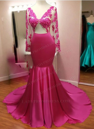 2024 Fuchsia Long Sleeves Mermaid Prom Dresses