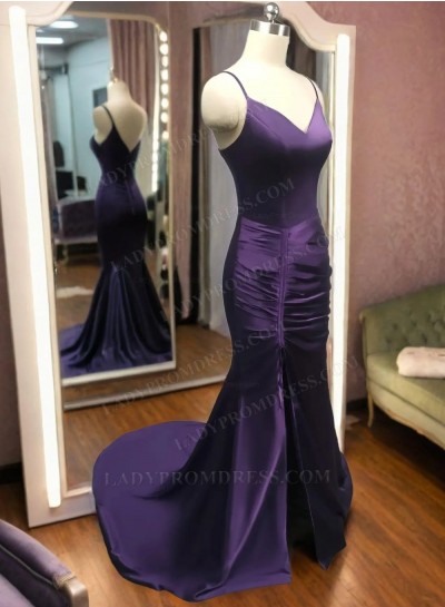 Grape Silk Like Satin Sweetheart Long Prom Dresses 2024 With High Slit