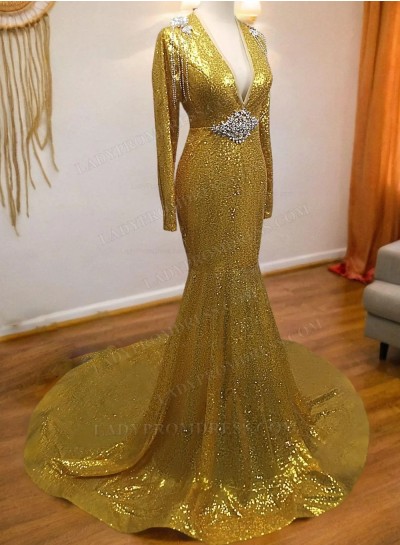 2024 Mermaid Gold V Neck Backless Long Sleeves Sequence African American Prom Dresses