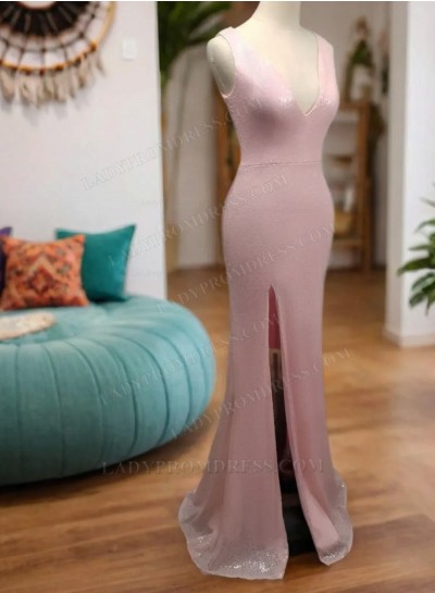 Pink 2024 V-neck Side Slit Sequence Prom Dresses