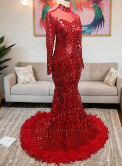 2024 Red Mermaid Feathers Long Sleeves Lace Long Prom Dresses