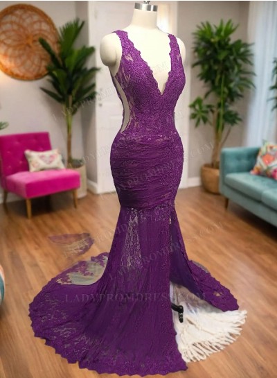 2024 Grape Mermaid V-neck Split Lace Prom Dresses