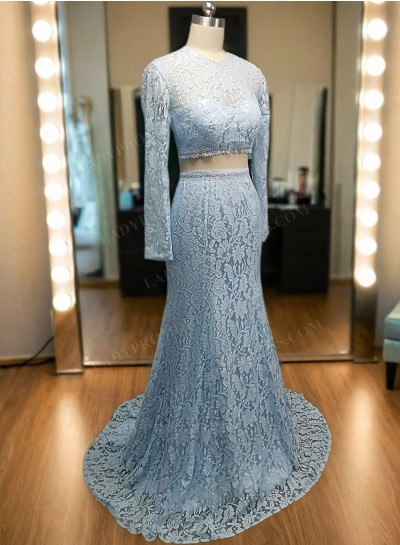 2024 Light Sky Blue Long Sleeve Mermaid/Trumpet Lace Two Pieces Prom Dresses