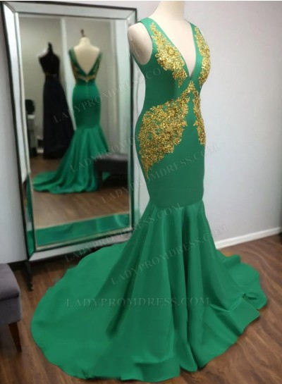 Mermaid Emerald V Neck With Gold Appliques Long African Prom Dresses