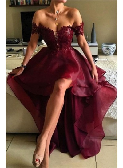 2024 Unique Burgundy Off the Shoulder High Low Lace Prom Dresses