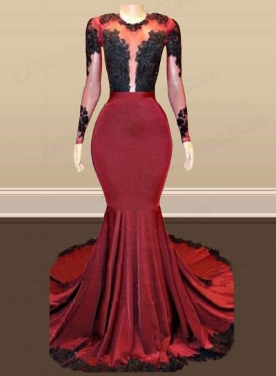 2024 Burgundy With Black Appliques Long Mermaid Scoop Prom Dress