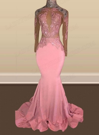 Mermaid Backless Long Sleeves Pink See Through African Long Prom Dresses