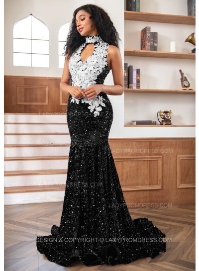 Black Sheath Sequence High Neck Prom Dresses With Appliques