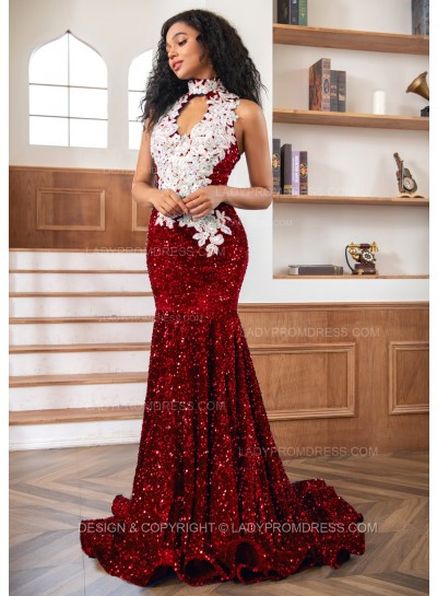 Burgundy Sheath Sequence High Neck Prom Dresses With Appliques