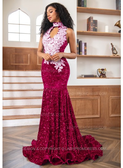 Fuchsia Sheath Sequence High Neck Prom Dresses With Appliques