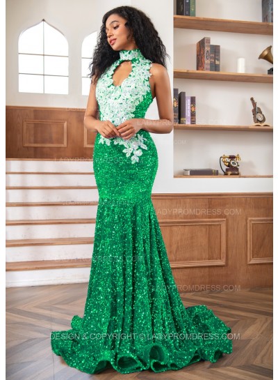 Green Sheath Sequence High Neck Prom Dresses With Appliques