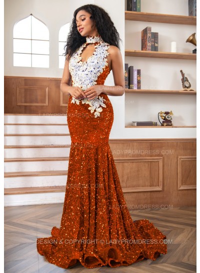 Orange Sheath Sequence High Neck Prom Dresses With Appliques