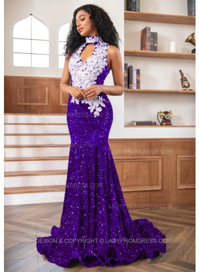 Purple Sheath Sequence High Neck Prom Dresses With Appliques