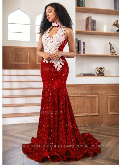 Red Sheath Sequence High Neck Prom Dresses With Appliques
