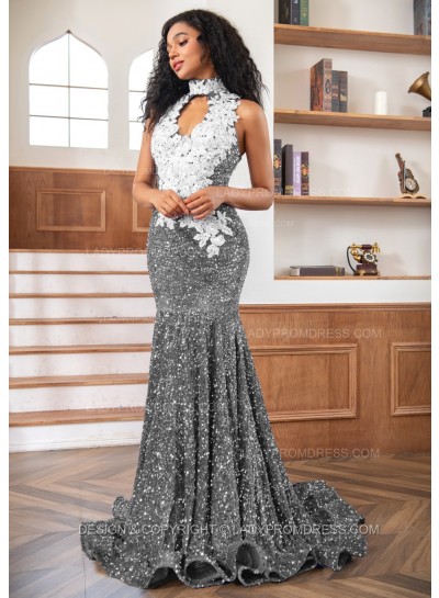 Silver Sheath Sequence High Neck Prom Dresses With Appliques