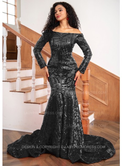 Black Sheath Sequence Long Sleeves Off Shoulder Long Prom Dresses