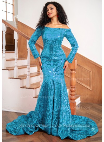 Blue Sheath Sequence Long Sleeves Off Shoulder Long Prom Dresses