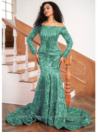 Emerald Sheath Sequence Long Sleeves Off Shoulder Long Prom Dresses